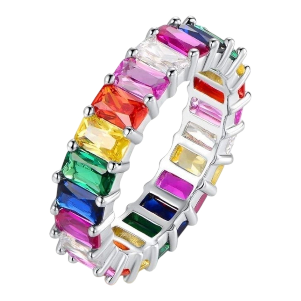 18K White Gold Filled Women's Rainbow Emerald Cut Crystal Infinity Ring, Size 7